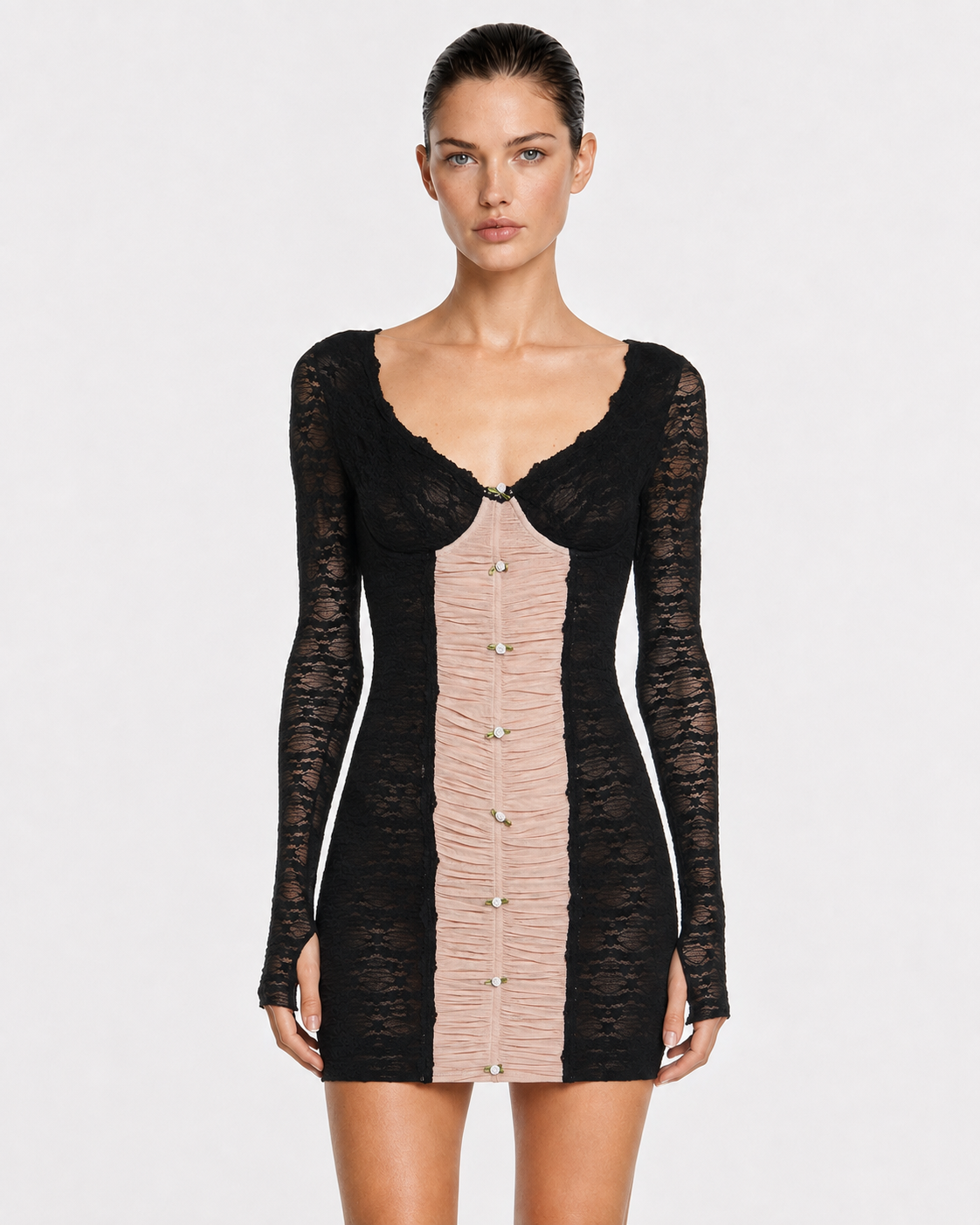Vestido Corto Encaje Rosado y Negro TIG