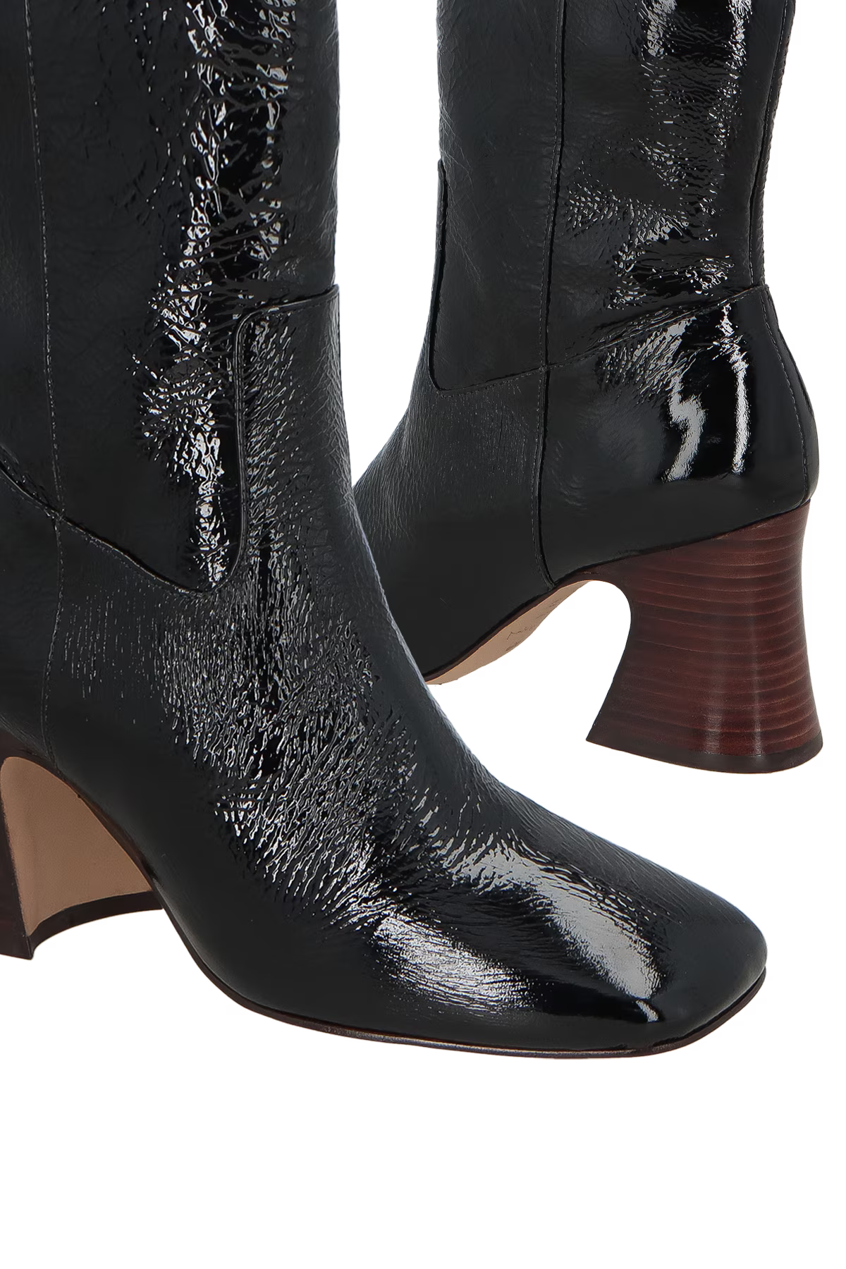 Bota Caña Corta Tacón Bloque Medio Cuero Charol Negro Luiza Barcelos